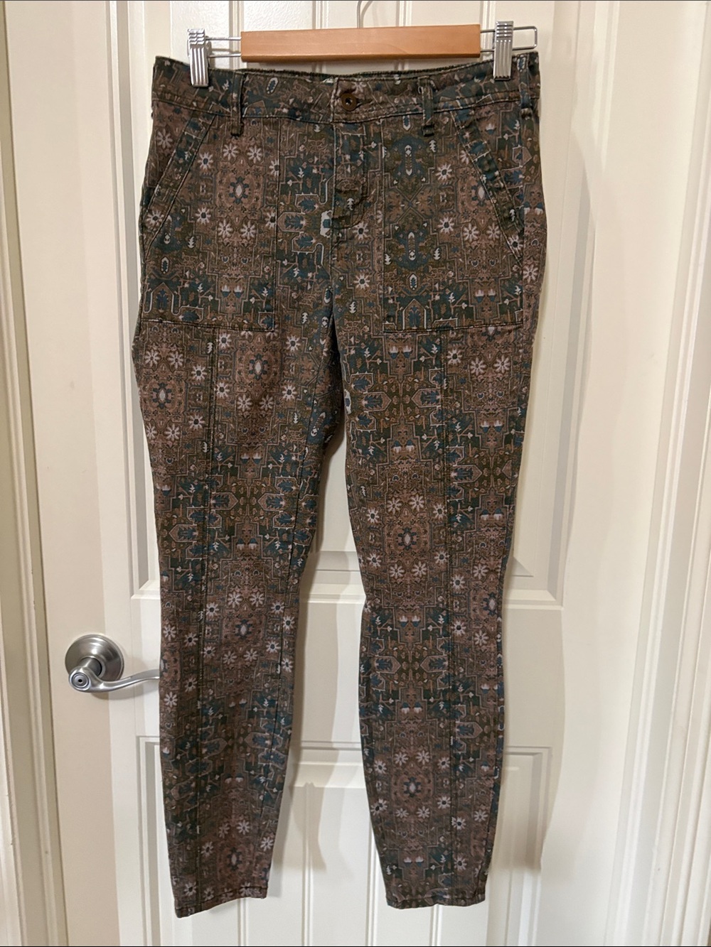 Anthropologie Brown and Teal Patterned Skinny Pants